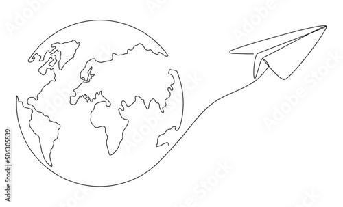 World map with flying paper airplane one line art. Continuous Earth globe line drawing. Vector illustration isolated on white background.