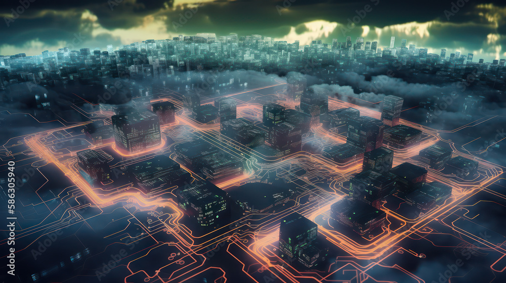 Fototapeta premium The data network under dark clouds