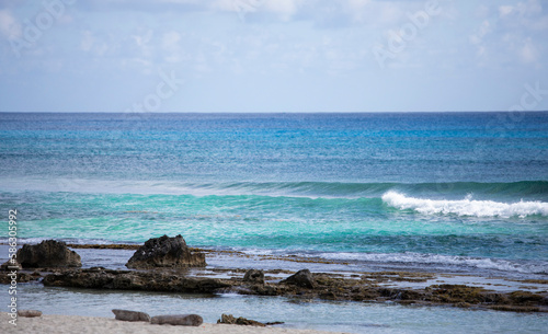 Pristine beach with rocks on the Caribbean Sea in Cozumel, Mexico, panoramic shot