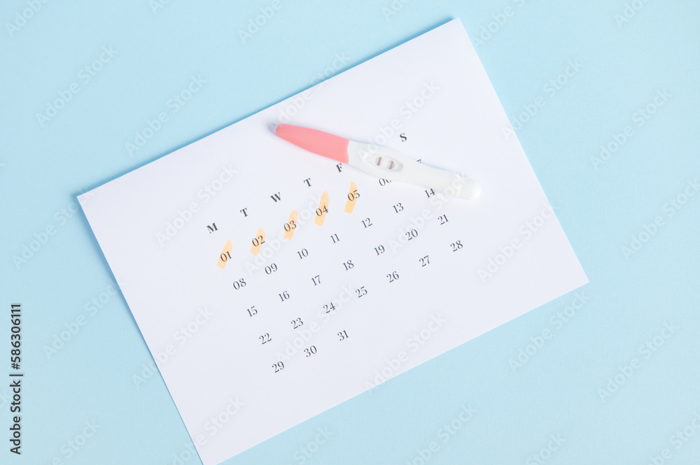 Rapid diagnosis of pregnancy at home. Top view of inkjet pregnancy test with two bars on white calendar with last menstruation dates marked, isolated on blue background. Women's heath concept Rapid diagnosis of pregnancy at home. Top view of inkjet pregnancy test with two bars on white calendar with last menstruation dates marked, isolated on blue background. Women's heath concept