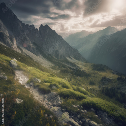 Un paysage de montagne. Le ciel et très nuageux et la gestion et verdoyante © Enzo
