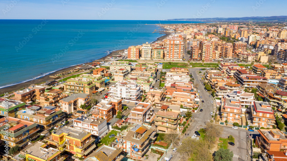 Aerial view of Ladispoli. It is a town in the Metropolitan City of Rome, Lazio, Italy. It is located on the Mediterranean Sea.