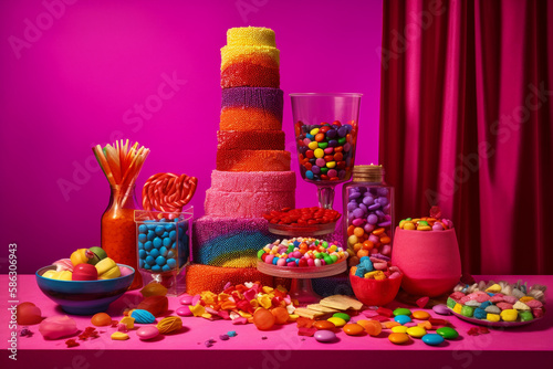 candies sugar full table set, pop colors, vibrant mood generative ai illustration