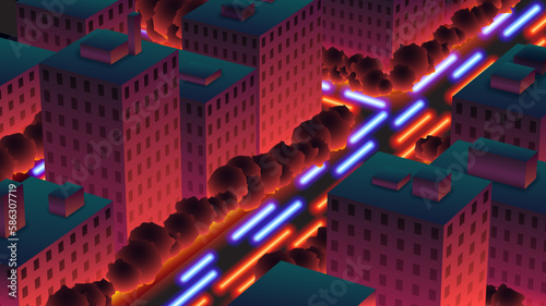 Night city with neon lights and light traces of the cars. Synthwave styled neon downtown background with aerial view.
