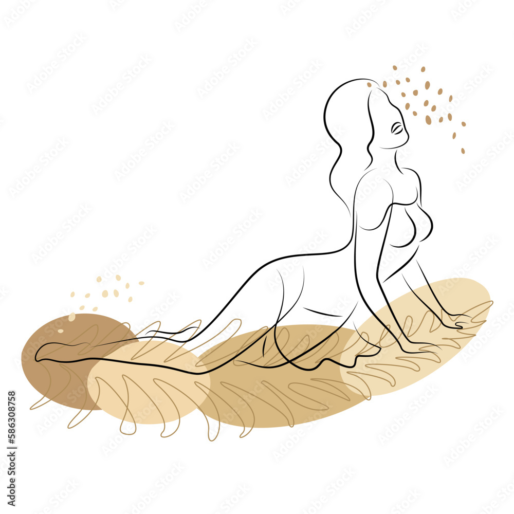 Silhouette of a woman in modern continuous line style and leaves of a plant. The girl is slim and beautiful. Lady suitable for decor, posters, stickers, logo. vector illustration. Silhouette of a woman in modern continuous line style and leaves of a plant. The girl is slim and beautiful. Lady suitable for decor, posters, stickers, logo. vector illustration.