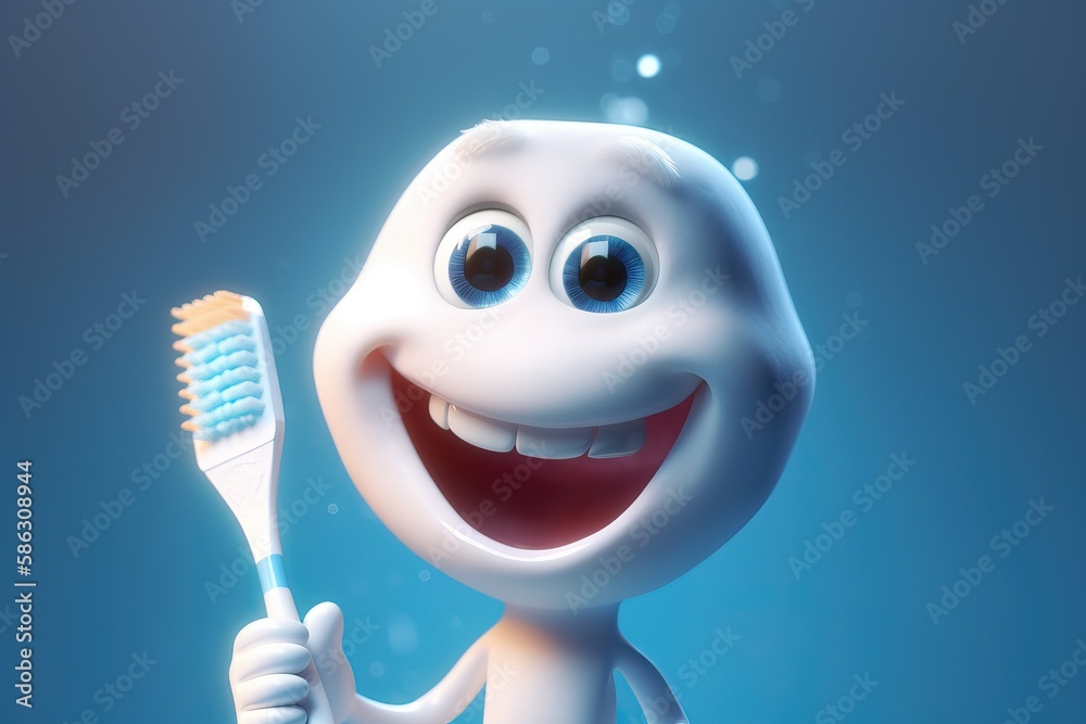 Fototapeta premium Smiling white tooth holding a toothbrush, ideal for kids dental hygiene education, generative AI