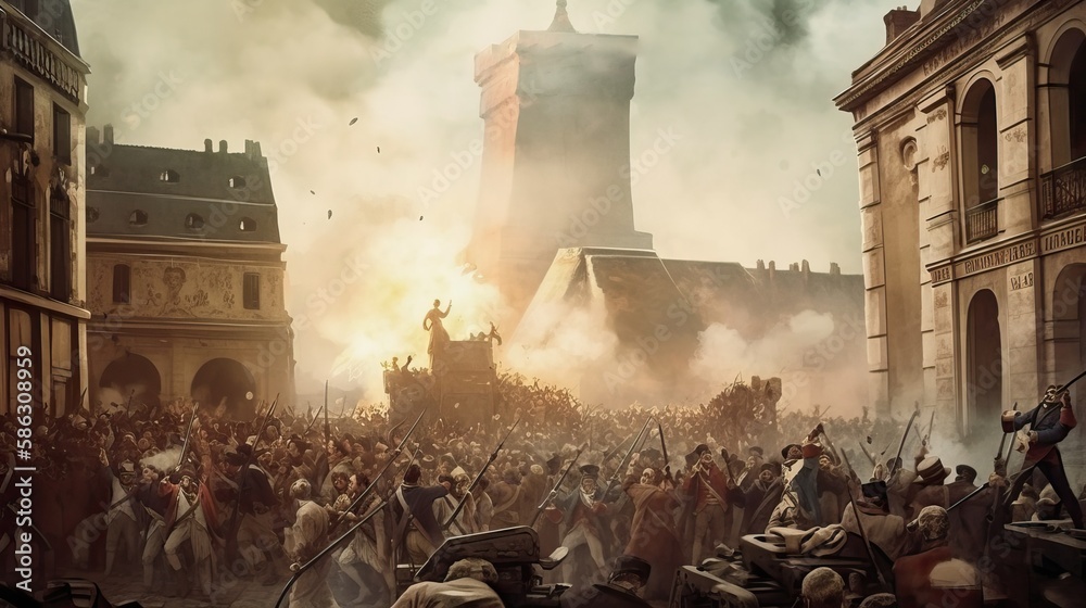 Historical recreation of the French revolution in front of the Bastille prison, generative AI - obrazy, fototapety, plakaty 