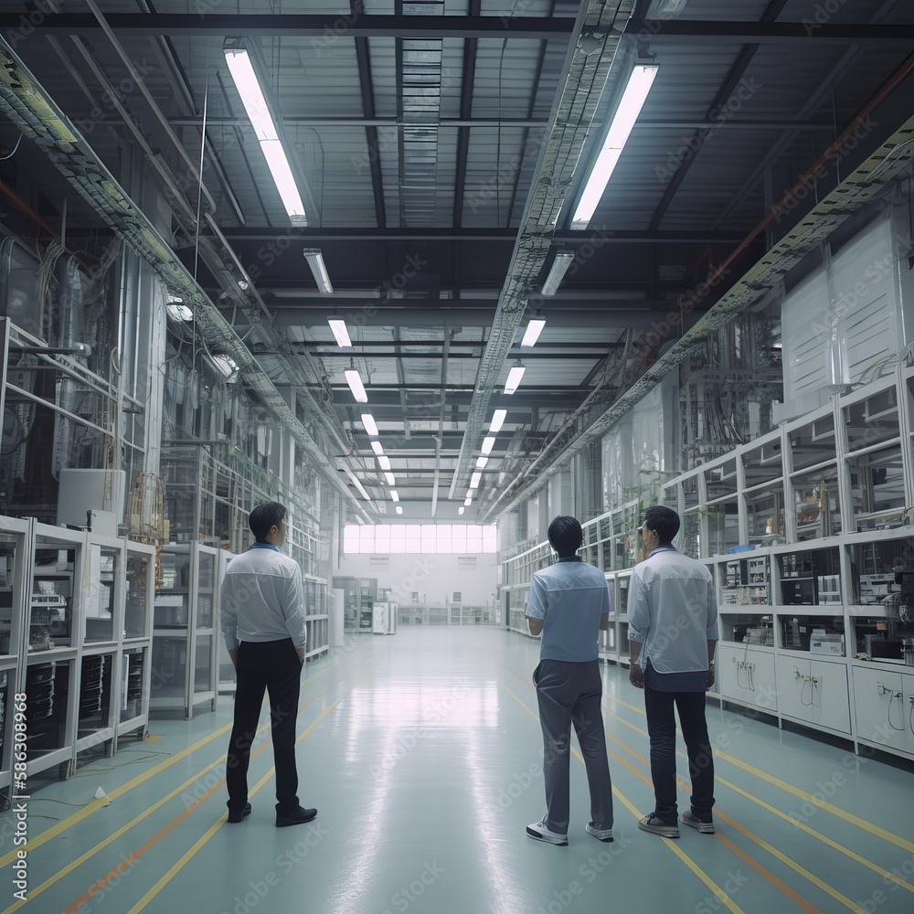 technological warehouse factory with workers, generative ai