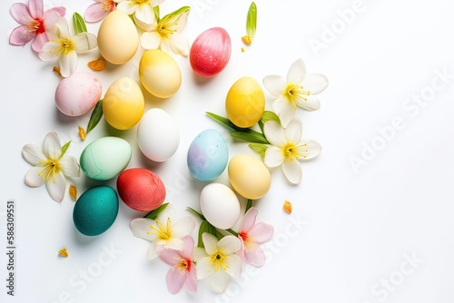 Easter painted eggs and springtime flowers over white background. Spring holidays concept with copy space. Top view - Generative AI