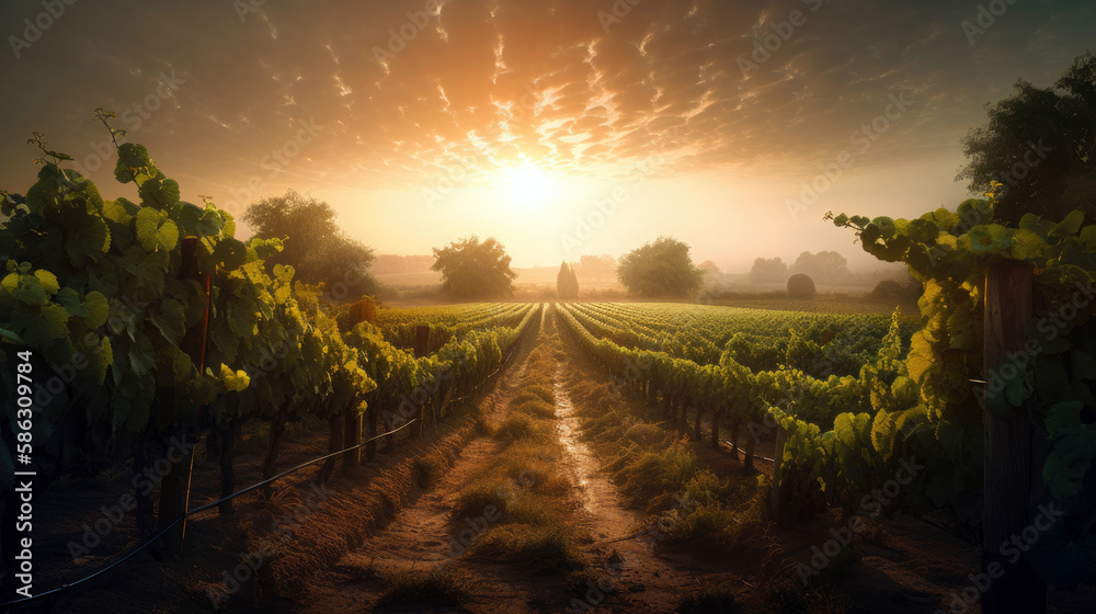 magical vineyard, with rows of grapevines (created with Generative AI)