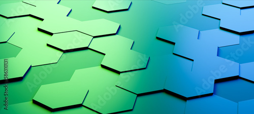 Hexagonal background with shiny metallic blue and green hexagons, abstract futuristic geometric backdrop or wallpaper