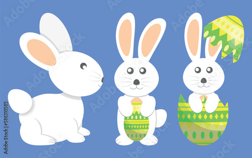 3 Flat Illustrations of White Rabbit with Easter Egg