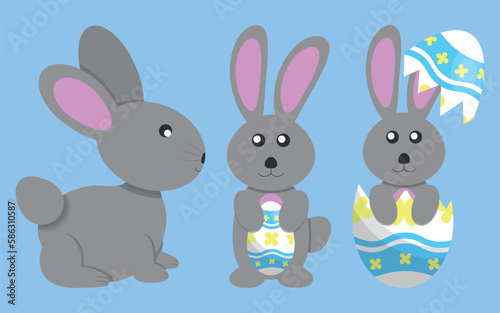 3 Flat Illustrations of Gray Rabbit with Easter Egg