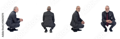 various poses of same man squatting on white background