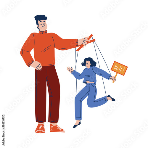 Man Pulling Rope or Strings with Woman Hanging Engaged in Manipulation and Control Vector Illustration