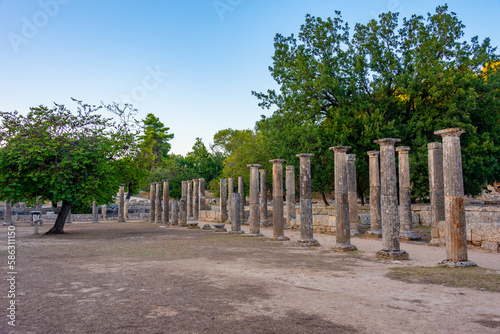 Sunset view of Palaestra at Archaeological Site of Olympia in Greece photo