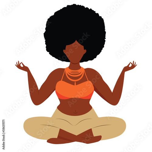 Beautiful curvy young black woman sitting in lotus position meditating. Stress management body positivity self-love concept. Design element for applications website. Vector illustration