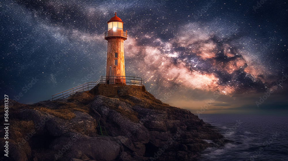 A Coastal Lighthouse in a Seaside Island, Under The Scenic Milky Way and The Night Sky Full of Stars. Generative AI.
