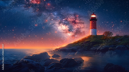 Ocean Landscape - A Lighthouse Under The Milky Way During a Coastal Sunset. Generative AI.