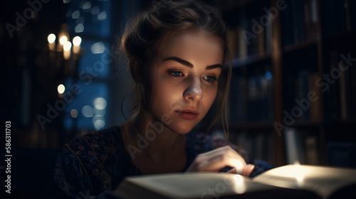 Girl reading a book in library