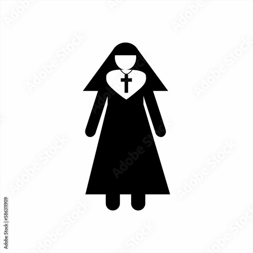 Nun icon logo design. Illustration of a nun silhouette with a cross necklace on her chest forming a heart.