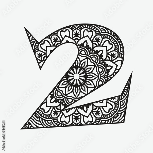 Zentangle stylized alphabet.Number 2 in doodle style. Hand drawn sketch font, vector illustration for coloring page, tattoos, makhendas or decoration. photo
