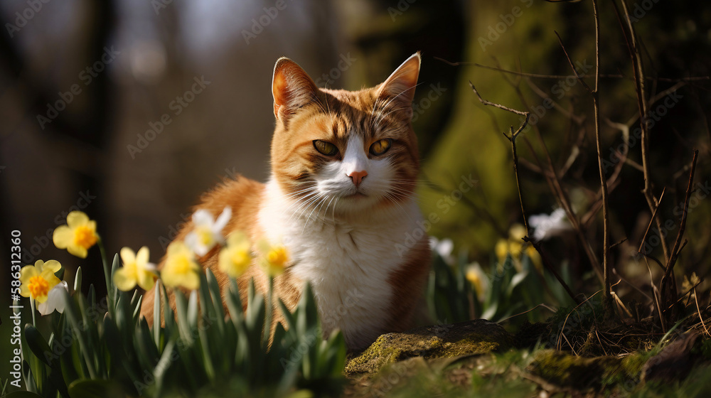 A cat sits in a tree with flowers in the background.
