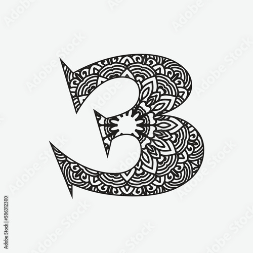 Zentangle stylized alphabet.Number 3 in doodle style. Hand drawn sketch font, vector illustration for coloring page, tattoos, makhendas or decoration. photo