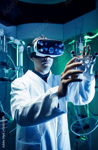 Generative AI illustration of scientist in a futuristic lab using virtual reality to cure disea photo