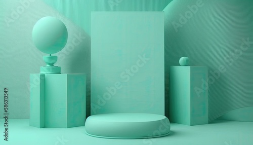 Empty podium  mock up placement display  blank beauty stand for cosmetic product fashion ads on minimal green background. Luxury pedestal stage mockup scene platform ai generative concept.