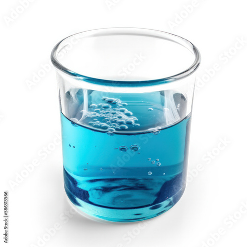 Un liquide bleu dans un bêcher non gradué sur un fond blanc