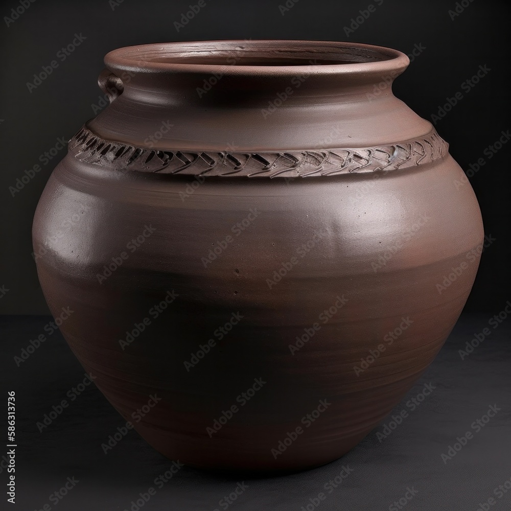 Generative AI image of handmade terracotta clay round pot with decoration on top and circle mouth shining in daylight while placed on hard surface