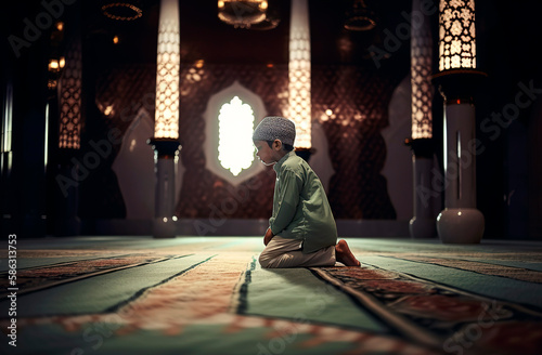 Generative AI illustration of a Little muslim boy is playing in muslim style in an arabic mosque with rays of light coming through a window