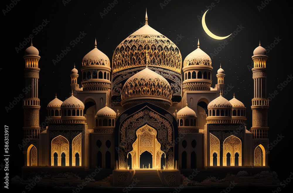 Generative AI architecture illustration of beautiful mosque in Muslim world