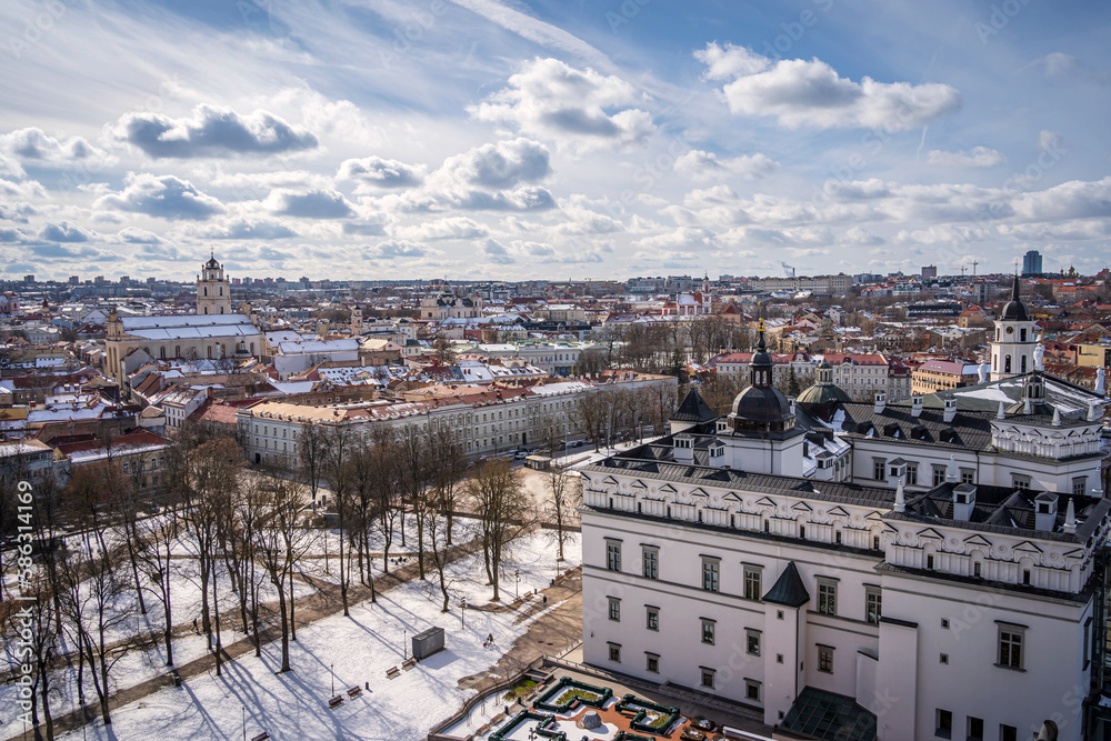 Vilnius Old Town covered in Snow view from Gediminas tower in Winter. Vilnius, Lithuania.