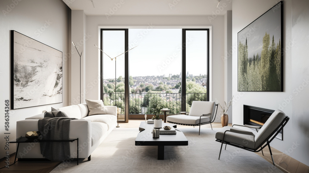 Fototapeta premium Minimalistic Modern Living Room Mock-Up with Bright Picture Frame and Concept Wallpaper