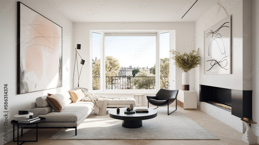 Fototapeta premium Minimalistic Modern Living Room Mock-Up with Bright Picture Frame and Concept Wallpaper