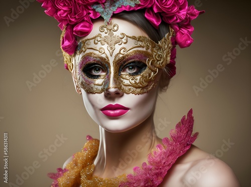 Beautiful, pretty, attractive, young woman, wearing venetian mask, in costume, on traditional event, holiday, masquerade, carnival, festival, held in city Venice, in Italy, Europe - generative AI 
