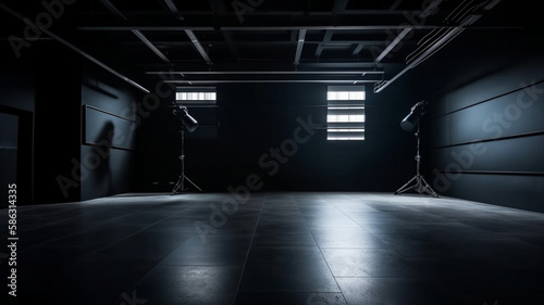 Photo empty space for product show in dark room with light spot on background © Salino