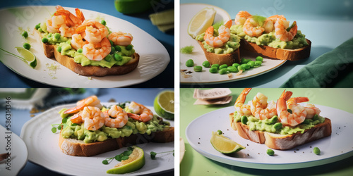 Generative AI images from above of appetizing sandwich with avocado and shrimps served with peas slices of citrus on white ceramic plate on table
