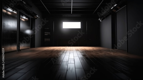 Photo empty space for product show in dark room with light spot on background