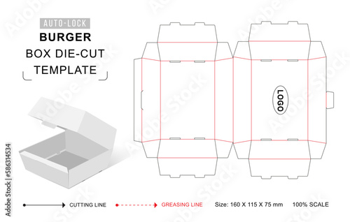 Cheeseburger box die cut template with 3D blank vector mockup for food packaging