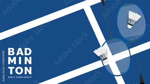 Blue Badminton racket with white badminton shuttlecock , badminton court indoor , Simple flat design style  ,Illustrations for use in online sporting events ,  illustration Vector EPS 10