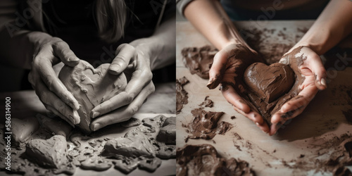 Generative AI black and white color images of unrecognizable woman demonstrating heart shaped clay made from terracotta soil in closed and open wet hands against white background