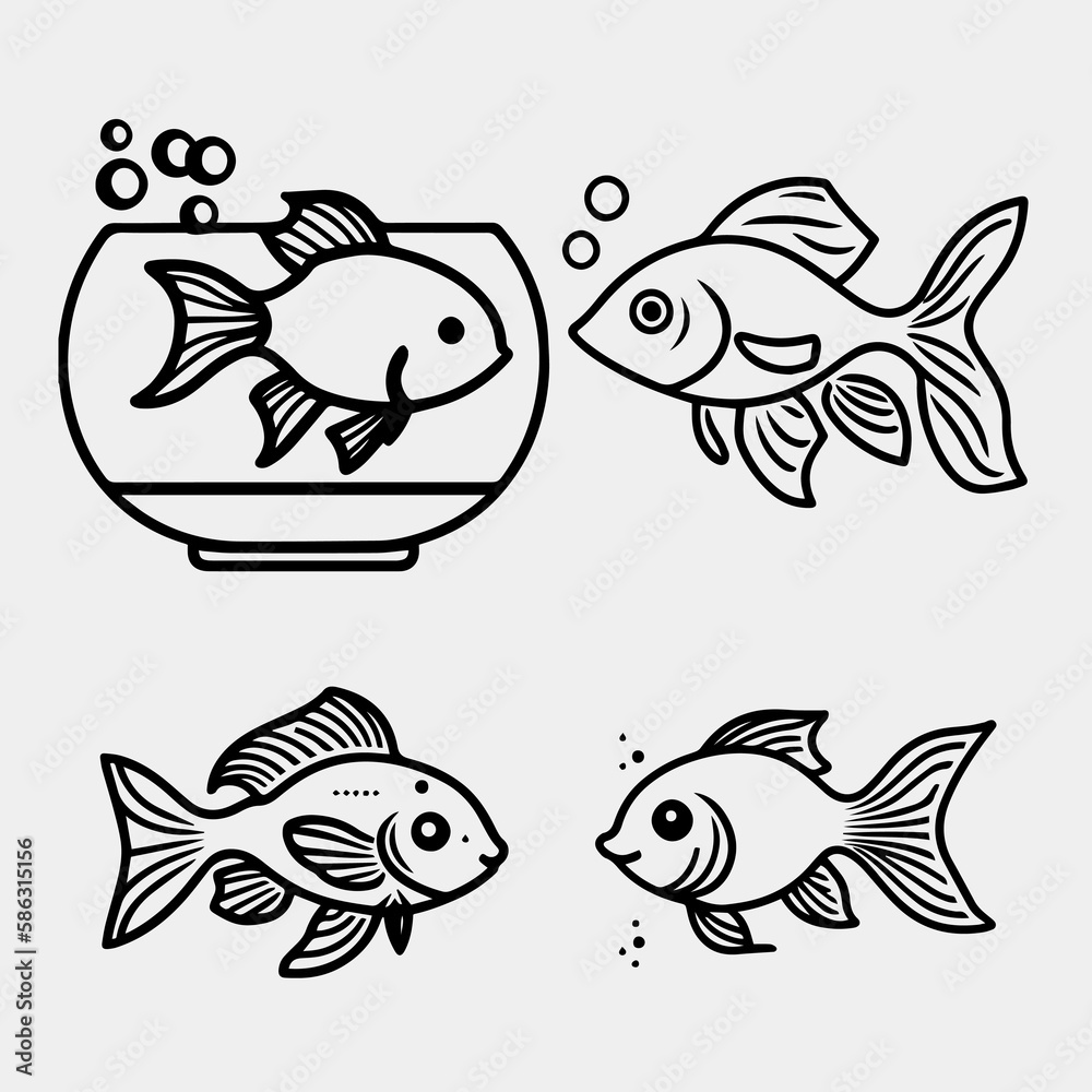 Black and white vector illustration of golden fish