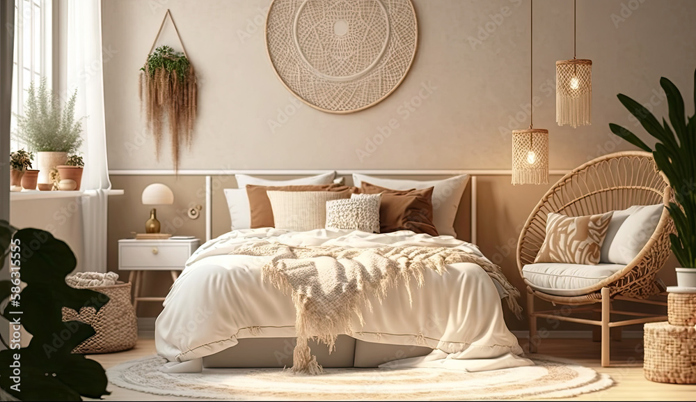 Minimal bohemian bedroom interior styles with Home decoration mock up beige  tone, Cozy room stylish concept, Scandinavian and Modern design background  with Generative AI. Stock Illustration | Adobe Stock