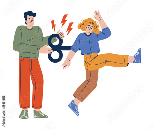 Man Turning Key at Woman Back Engaged in Manipulation and Control Vector Illustration