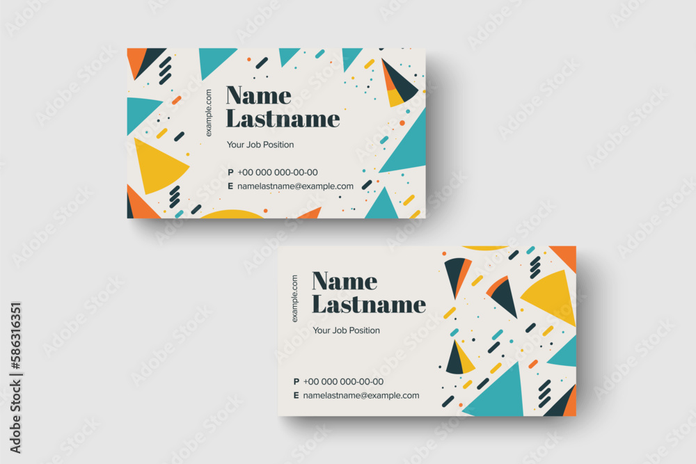 Trendy minimal abstract business card template. Modern corporate stationery id layout with geometric pattern. Vector fashion background design with information sample name text Trendy minimal abstract business card template. Modern corporate stationery id layout with geometric pattern. Vector fashion background design with information sample name text