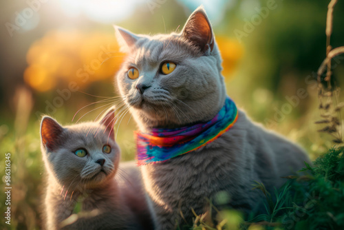 maternal love between two british shorthair cats, a mother and her kitten, who proudly wear lgtbi flags on their scarves, Generative AI © SnapVault
