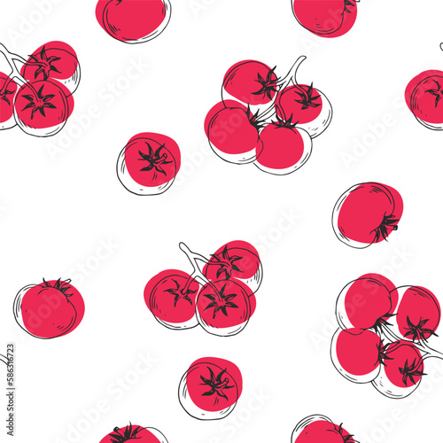 Vector hand-drawn seamless pattern with tomatoes isolated on white background. Botanical texture with vegetables in sketch style.